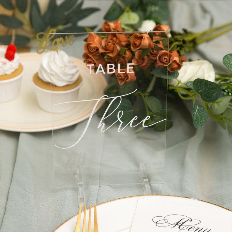 Clear Acrylic Wedding Table Number/Name Sign, Minimalist Design (5x7 inches)