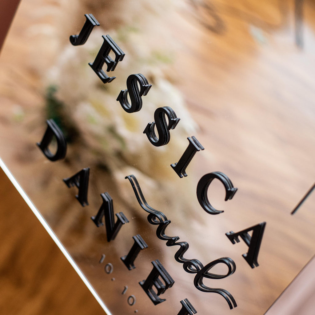 Silver Mirror Acrylic Wedding Welcome Sign | Black 3D Names