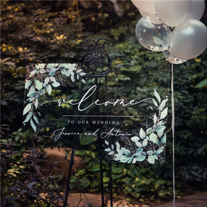 Foliage Calligraphy Acrylic Wedding Welcome Sign