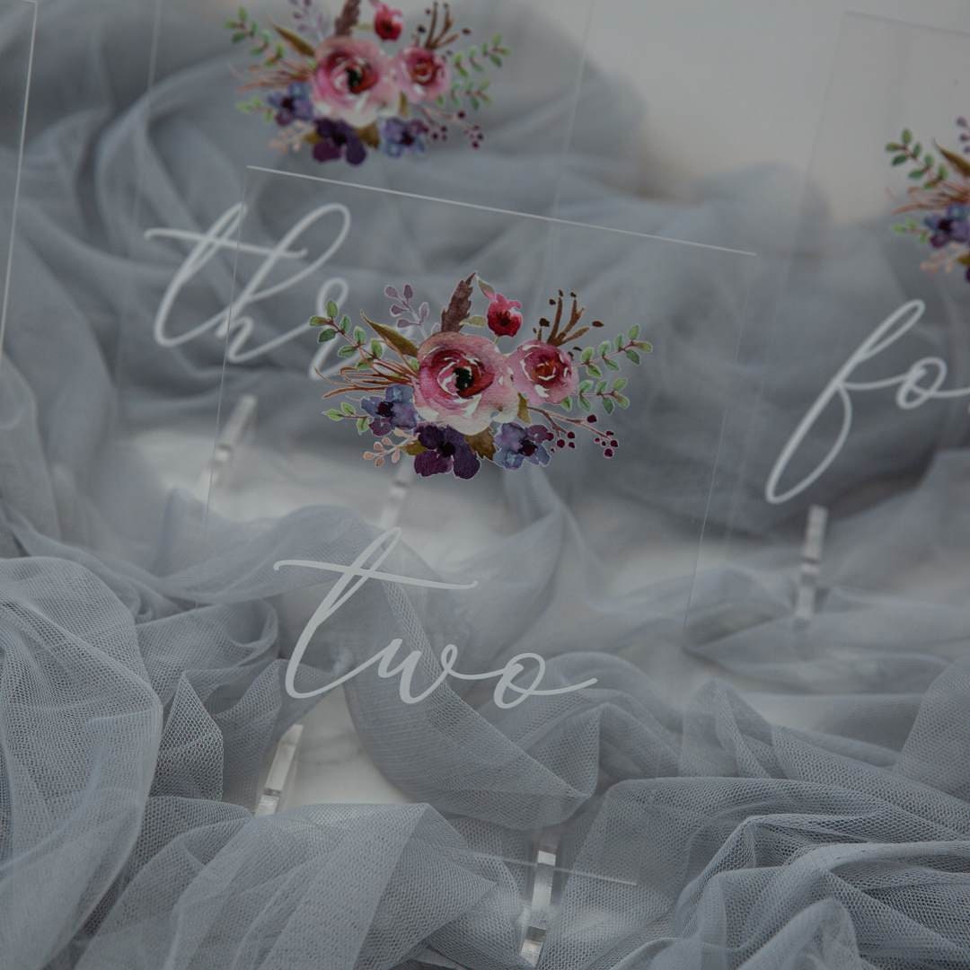 Floral Acrylic Wedding Table Number, Painted Purple & Pink