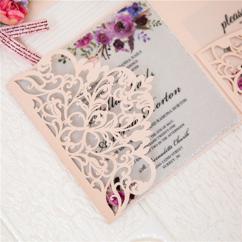 Vellum Laser Cut Wedding Invitation: Blush Floral, Silver Glitter