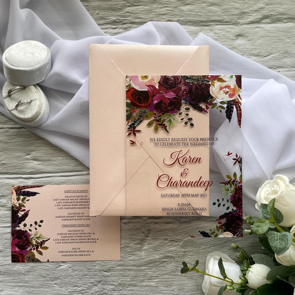 Floral Acrylic Wedding Invitation Suite, Burgundy and Blush with matching insert