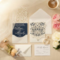 Ivory & Navy Lasercut Wedding Invite with Silver Foil Detailing