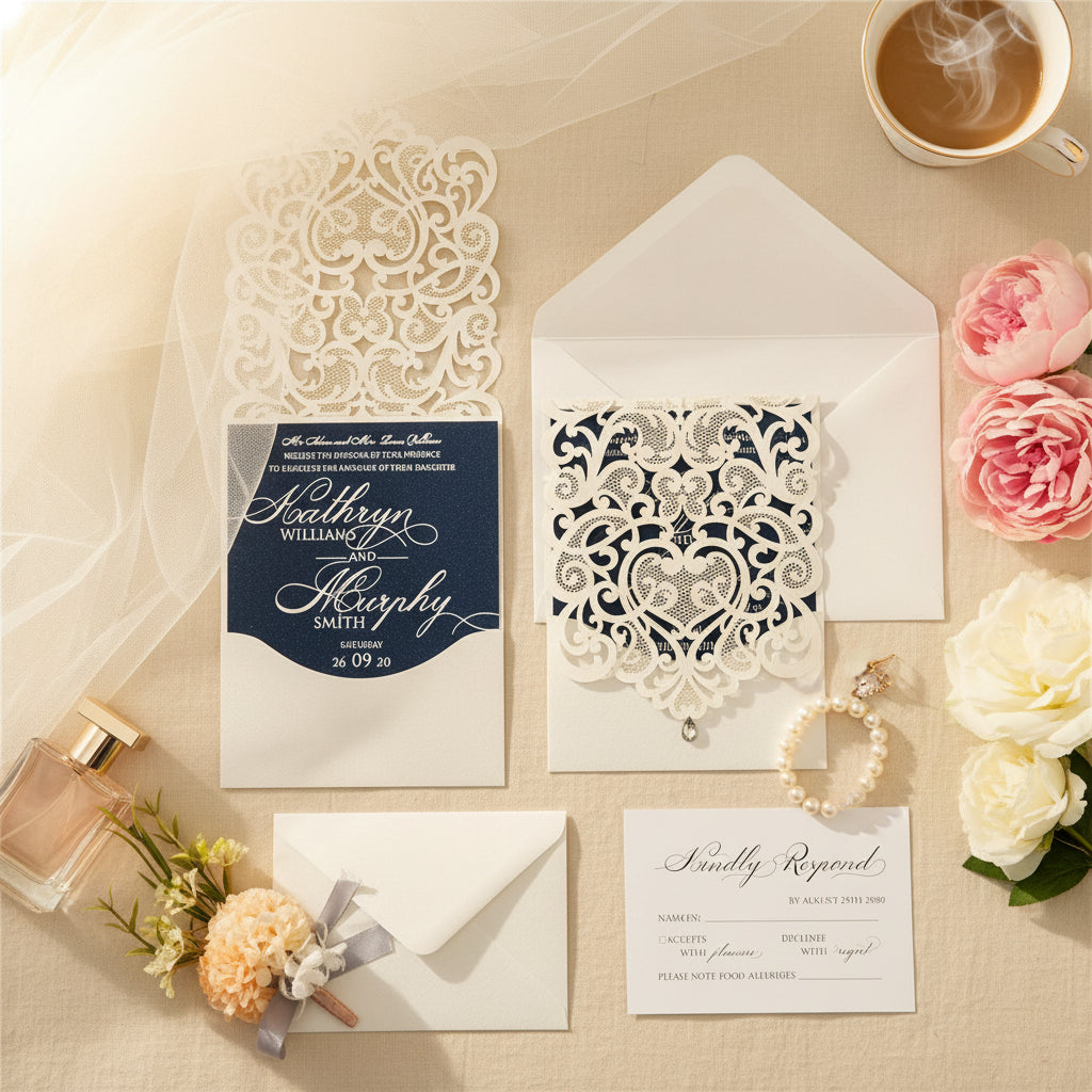 Ivory & Navy Lasercut Wedding Invite with Silver Foil Detailing