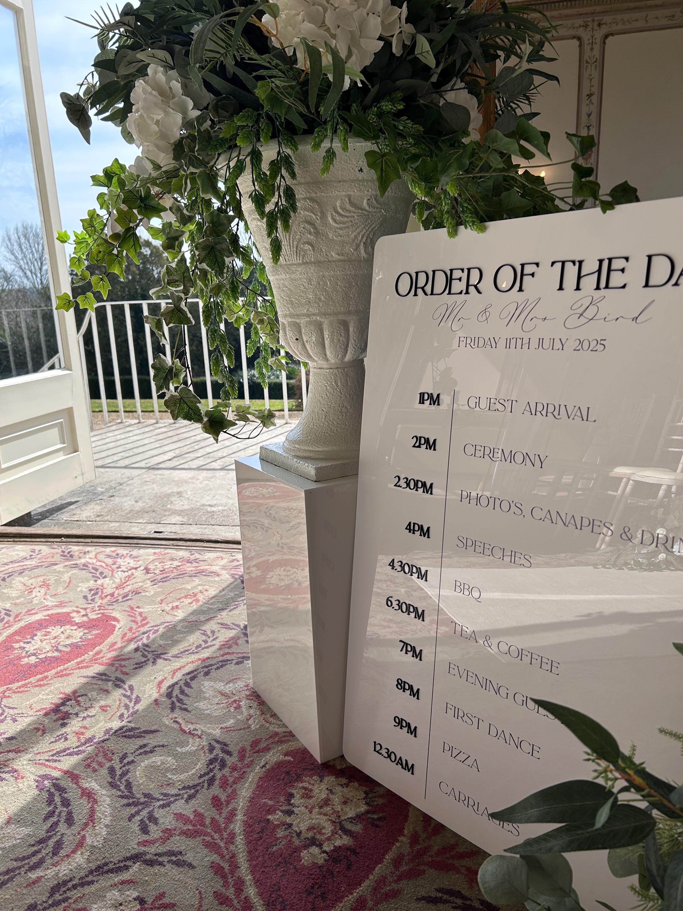 Monochrome Modern Black and White Wedding Order of the Day Signage with 3D Lettering