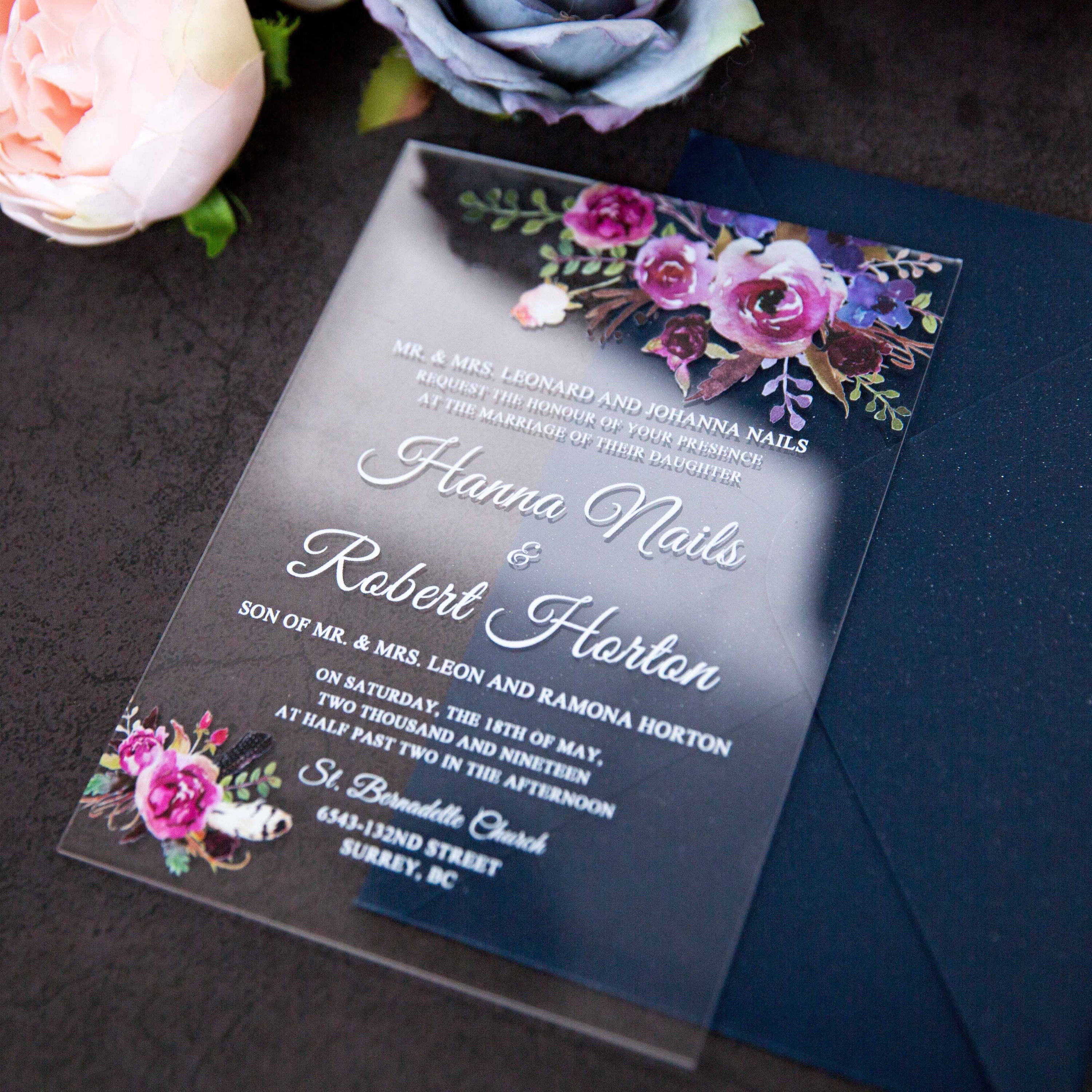 Acrylic Wedding Invitation with Pink & Purple Florals