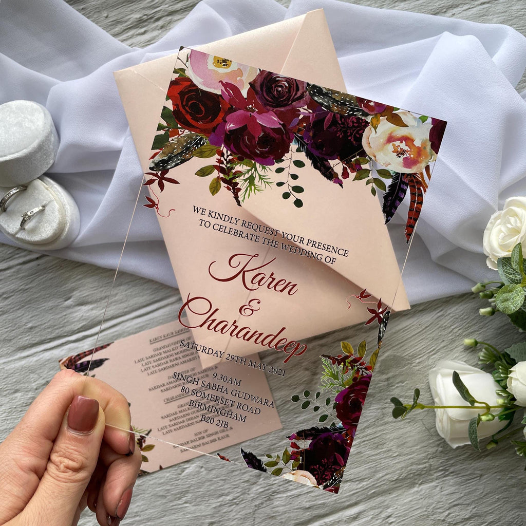 Floral Acrylic Wedding Invitation Suite, Burgundy and Blush with matching insert