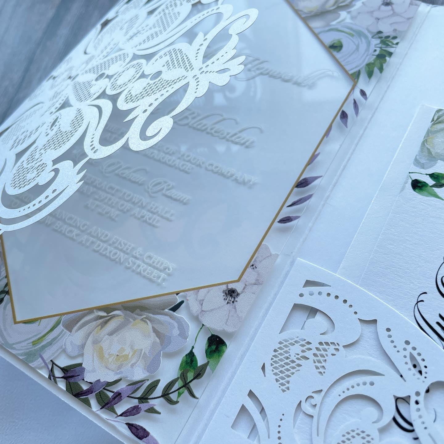 White Floral Acrylic Wedding Invitation | Laser Cut Jacket & Inserts
