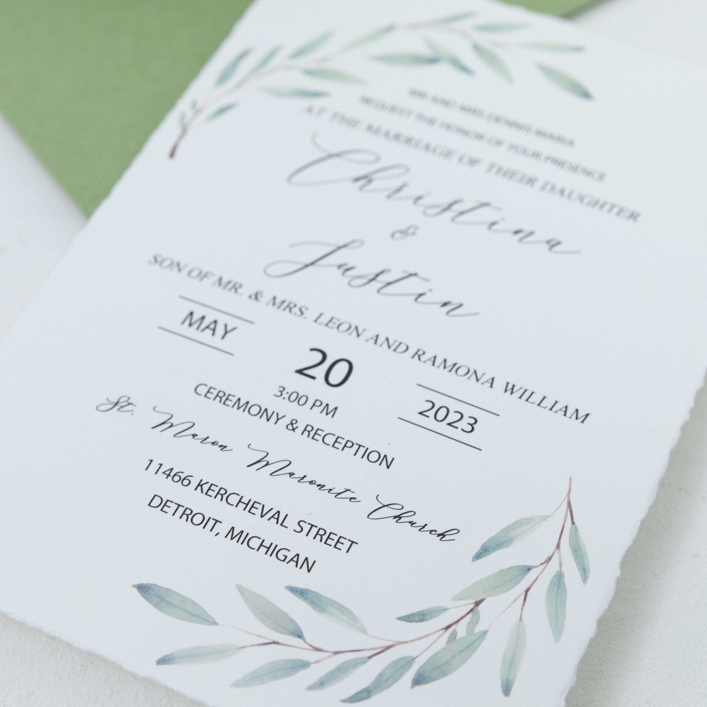 Deckle Edge Green Wedding Invitation and RSVP with Wax Seal | Botanical Wedding Invite