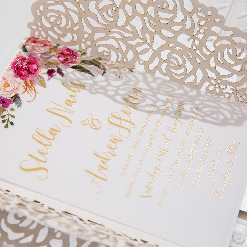 Rose Gold Glitter Lasercut Wedding Invitation with Pink Florals
