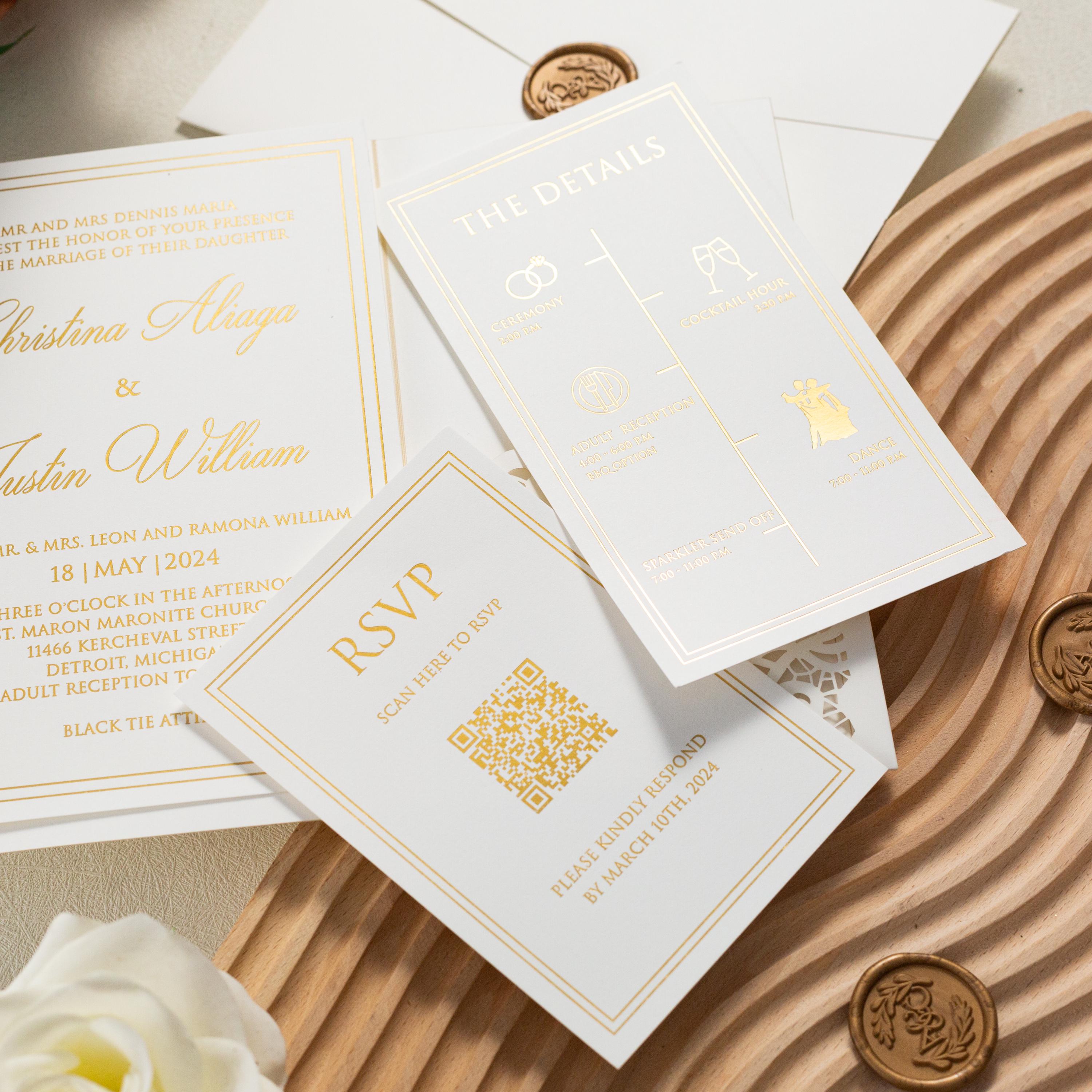 Ivory Shimmer Pocketfold Lasercut Wedding Invitation with Gold Foil and Wax Seal Detailing