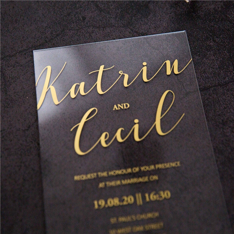 Acrylic Gold Wedding Invitation, Clear Perspex Invite