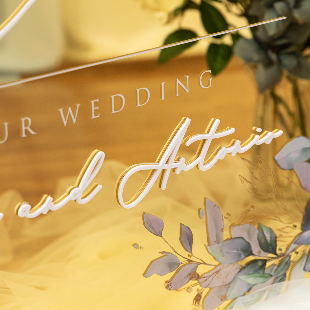 Gold Mirror Wedding Welcome Sign, White 3D Writing