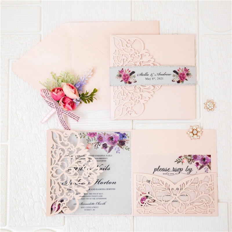 Vellum Laser Cut Wedding Invitation: Blush Floral, Silver Glitter