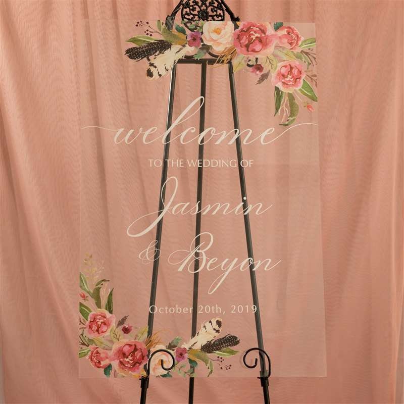 Floral Feather Acrylic Wedding Welcome Sign, Personalised Calligraphy