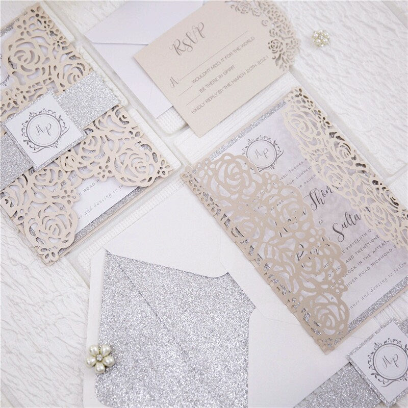 Blush & Silver Laser Cut Wedding Invitation, Glitter Belly Band