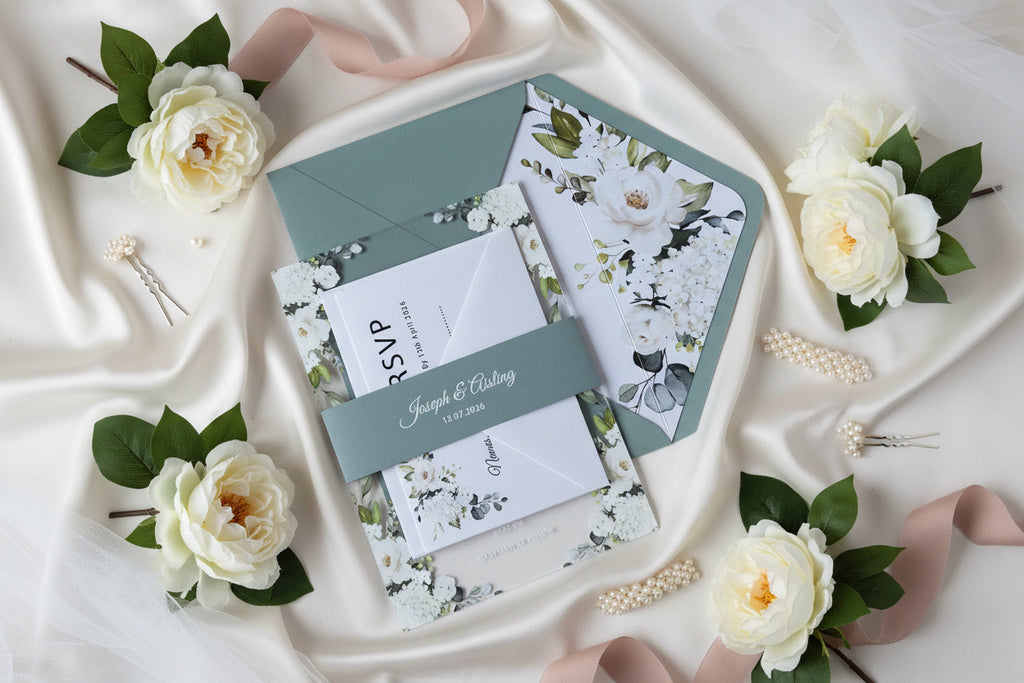 Elegant Acrylic Wedding Invitation: Dusty Blue Floral, Shimmer Envelope