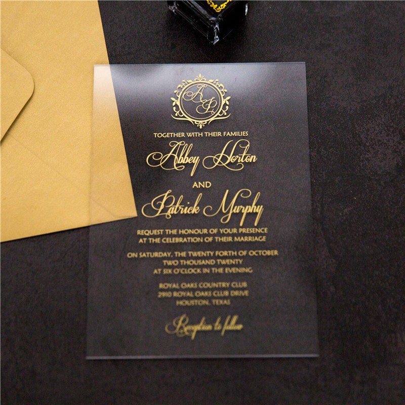 Acrylic Wedding Invitation: Clear Perspex with Gold Print