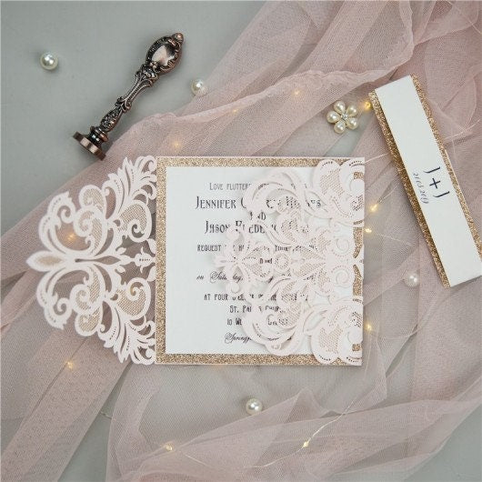 Blush Pink Lasercut Wedding Invite with Rose Gold Glitter Belly Band