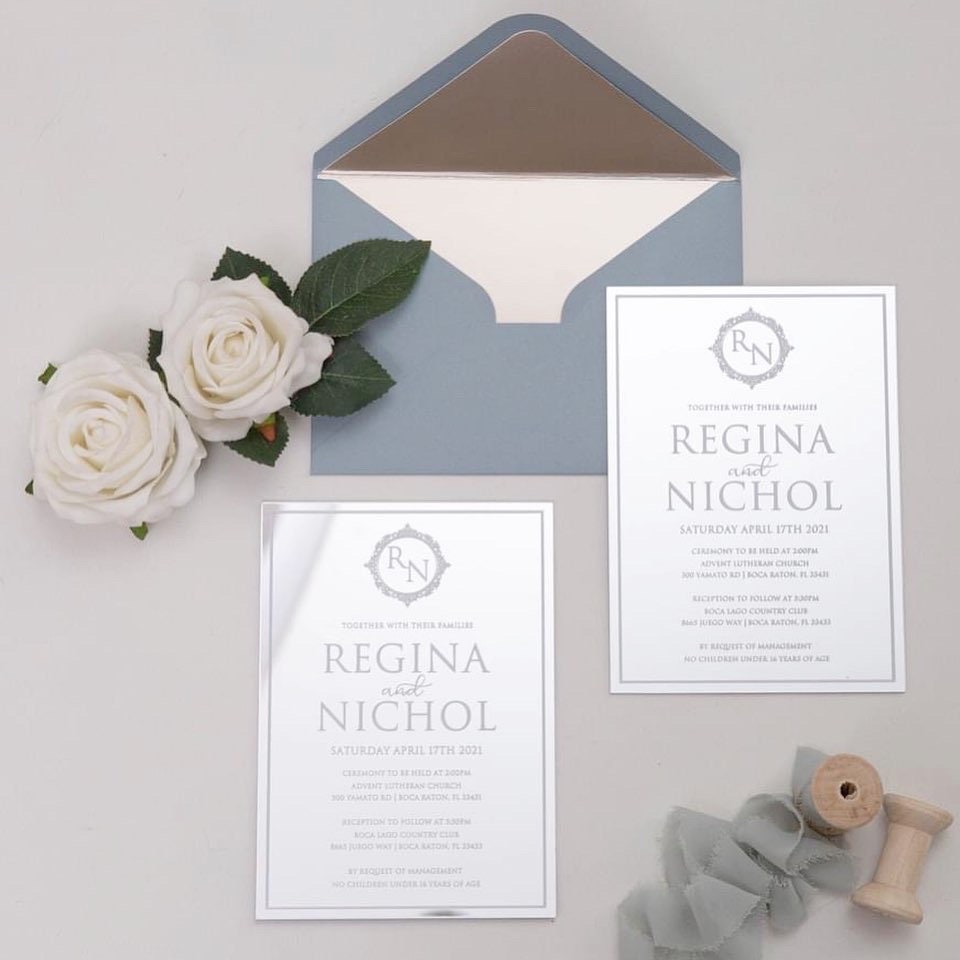 Silver Mirror Acrylic Wedding Invitation with Dusty Blue Envelope & Matte Champagne Envelope Liner