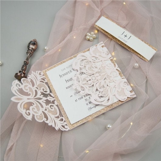 Blush Pink Lasercut Wedding Invite with Rose Gold Glitter Belly Band