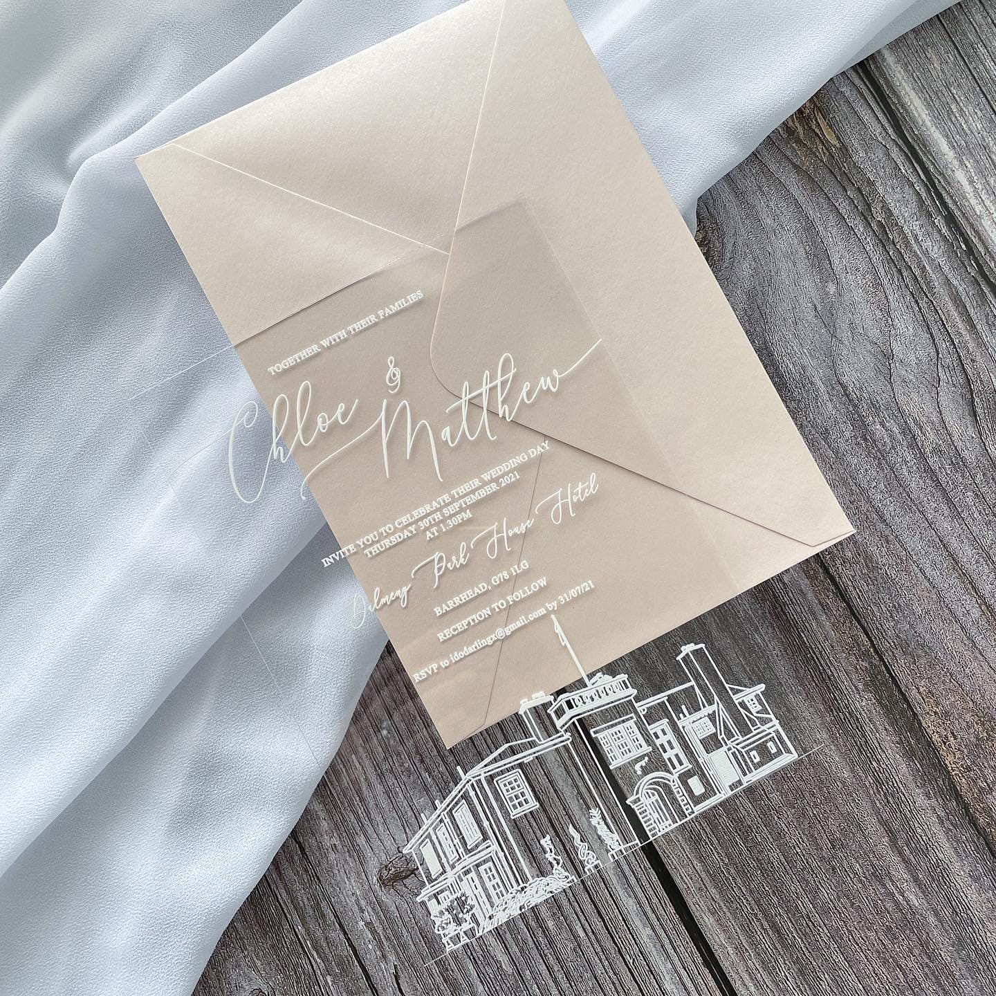 Clear Acrylic Wedding Invite with Venue Illustration, Blush Pink