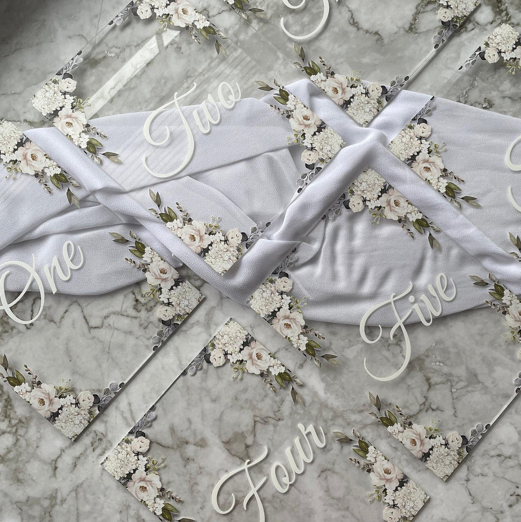 Elegant Floral Acrylic Wedding Table Numbers, Eucalyptus Design