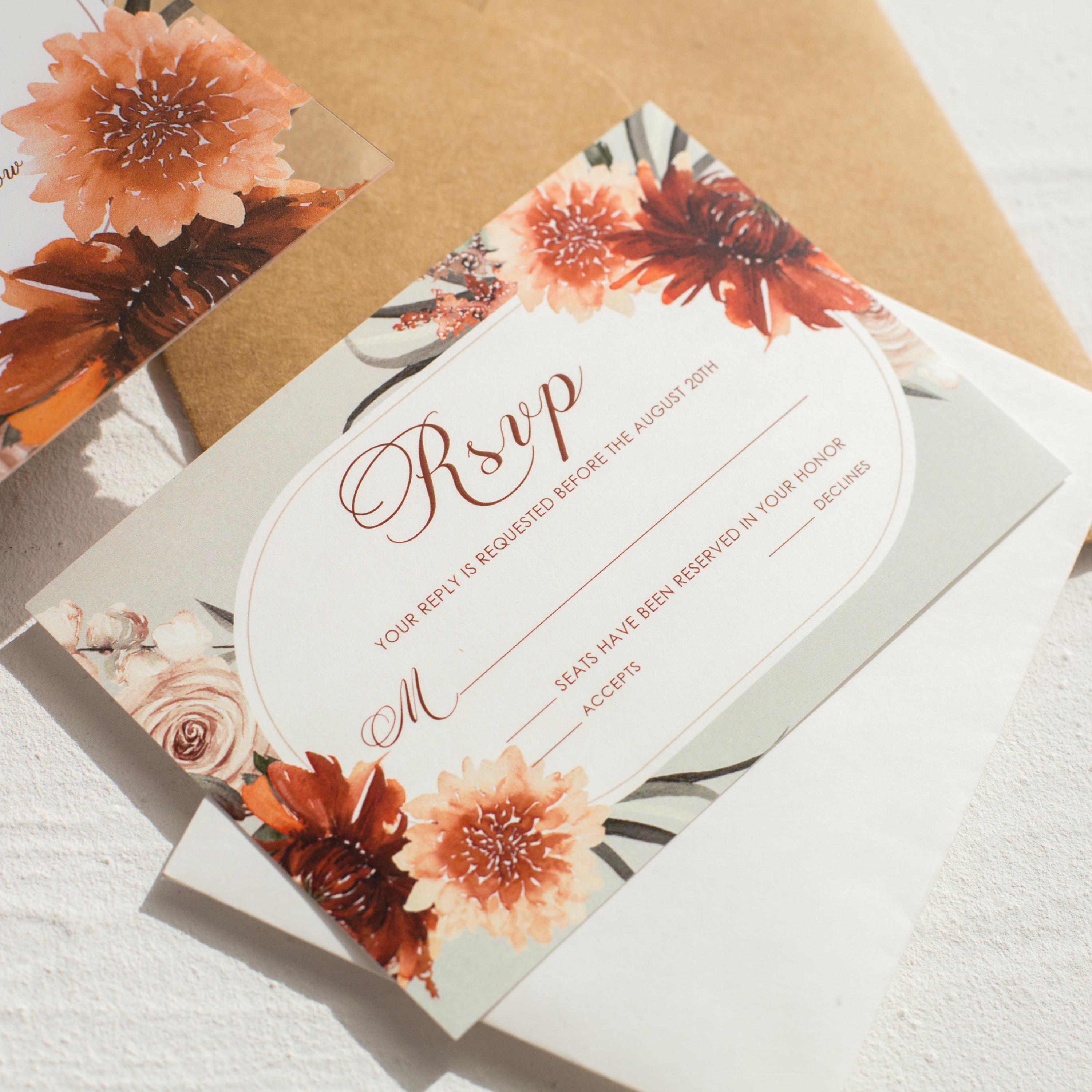 Burnt Orange Floral Acrylic Wedding Invitation | Autumn Theme