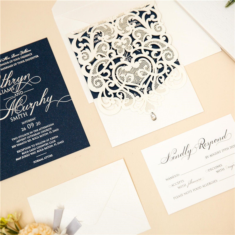 Ivory & Navy Lasercut Wedding Invite with Silver Foil Detailing