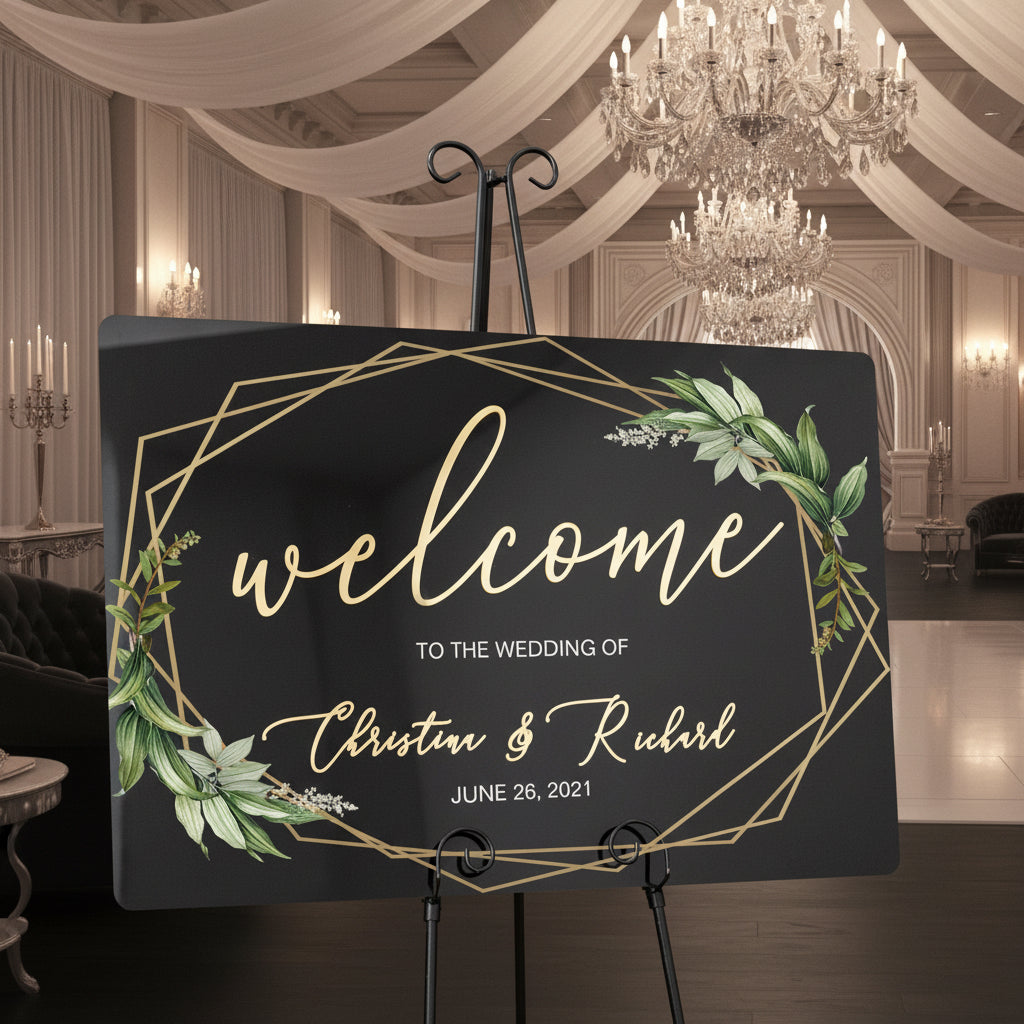 Geometric Foliage Wedding Welcome Sign, Gold Mirror Acrylic, Black Acrylic