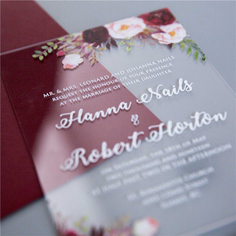 Acrylic Wedding Invitation: Clear Perspex with Burgundy Floral Design