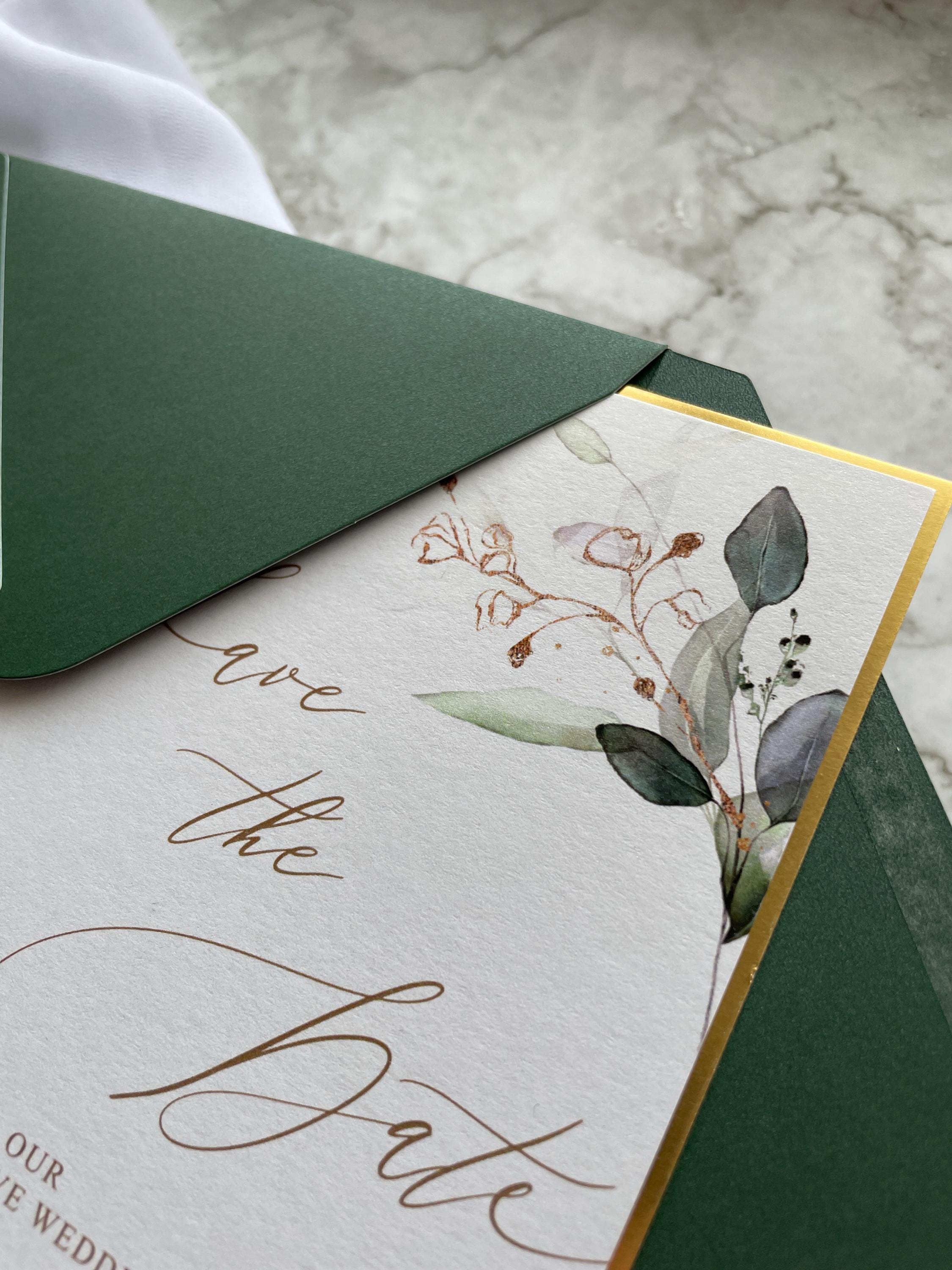 Boho Wedding Save The Date Gold And Emerald Green, Leafy Design with Gold Metallic Trim