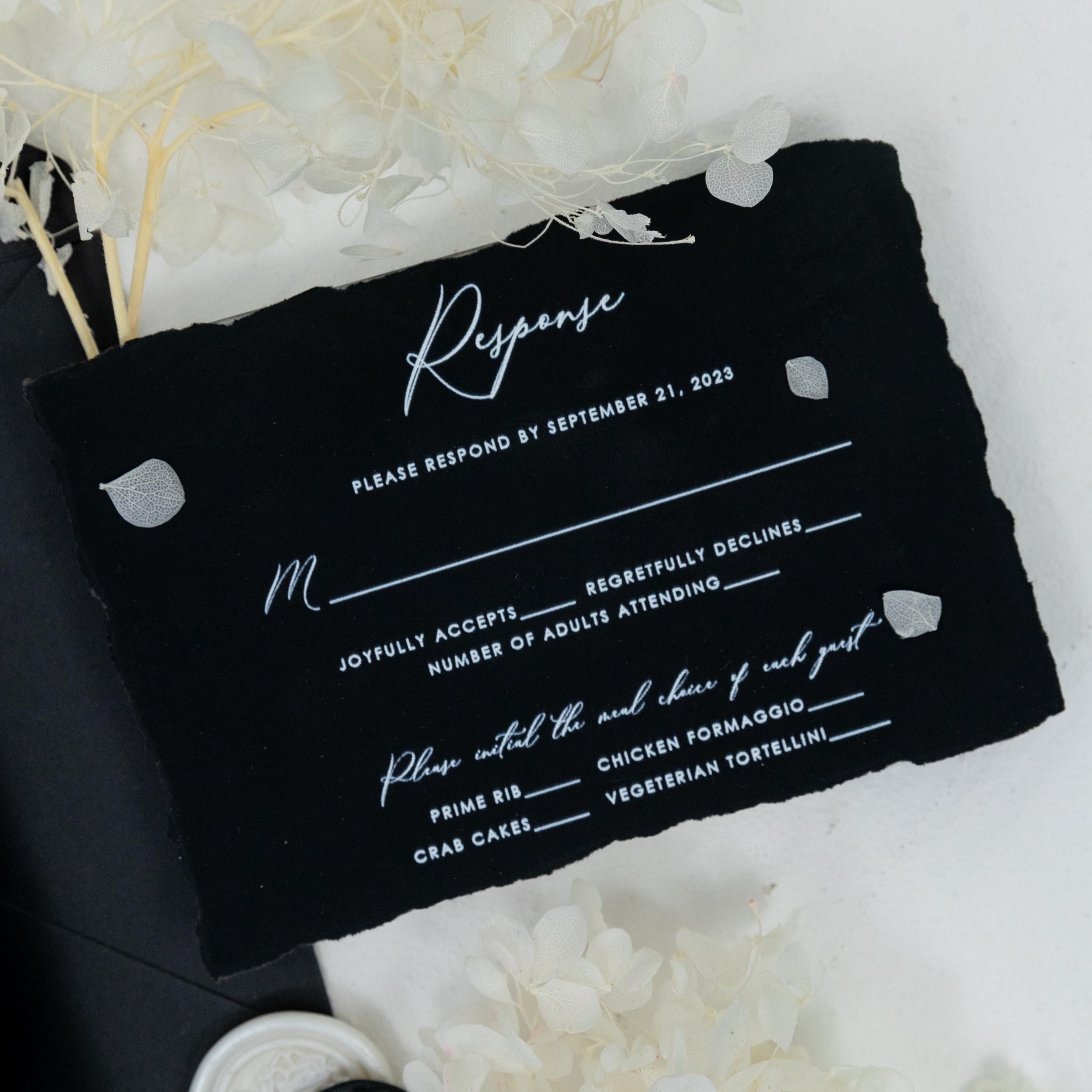 Matte Black Deckle Edge Wedding Invitation | Vellum Bellyband, White Ink