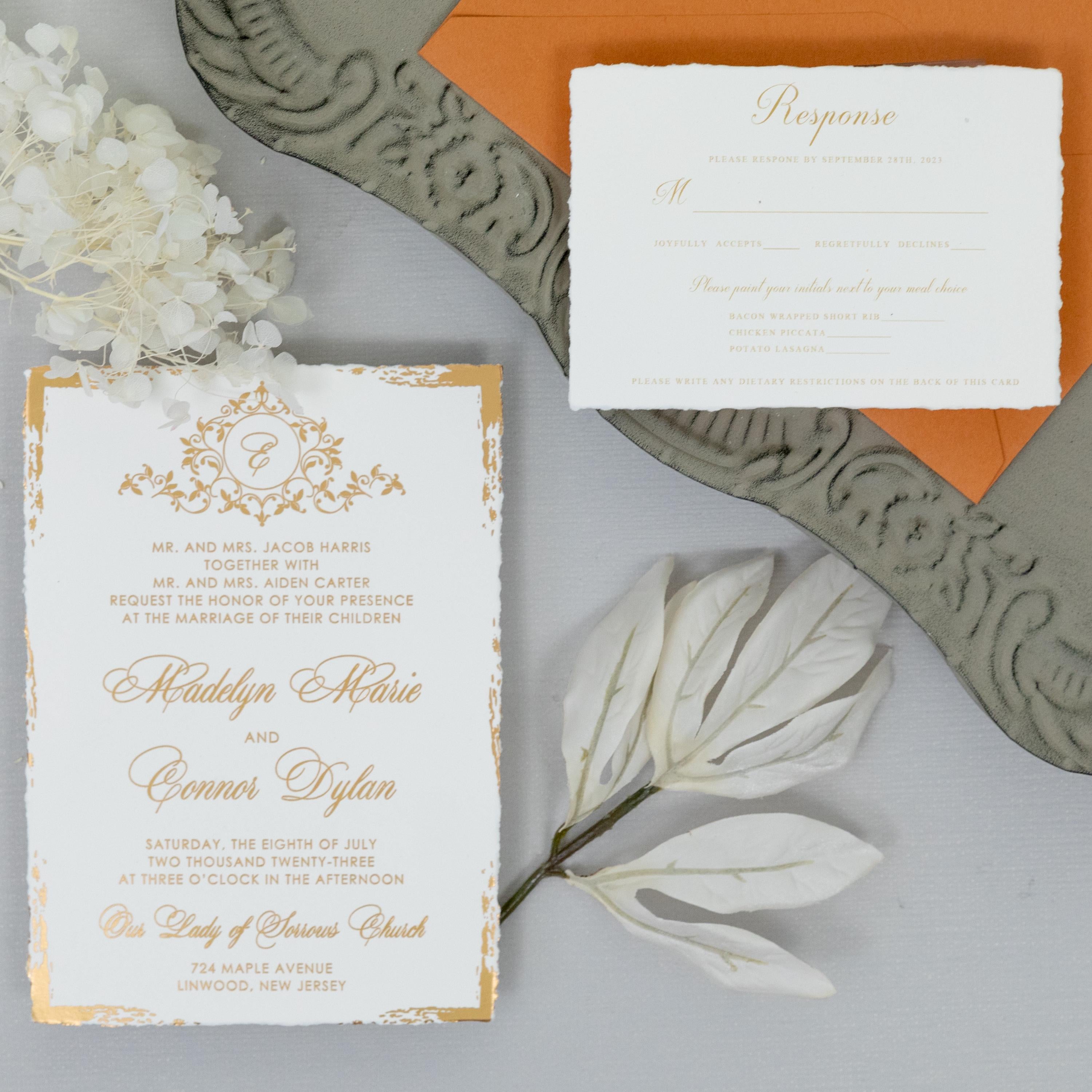 Deckle Edge Gold Foiled Wedding Invitation with RSVP matching Envelope | Modern Wedding Invite