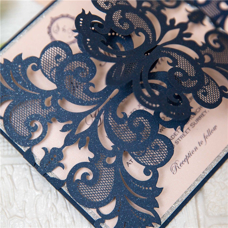 Navy Laser Cut Wedding Invitation, Blush and Silver Glitter