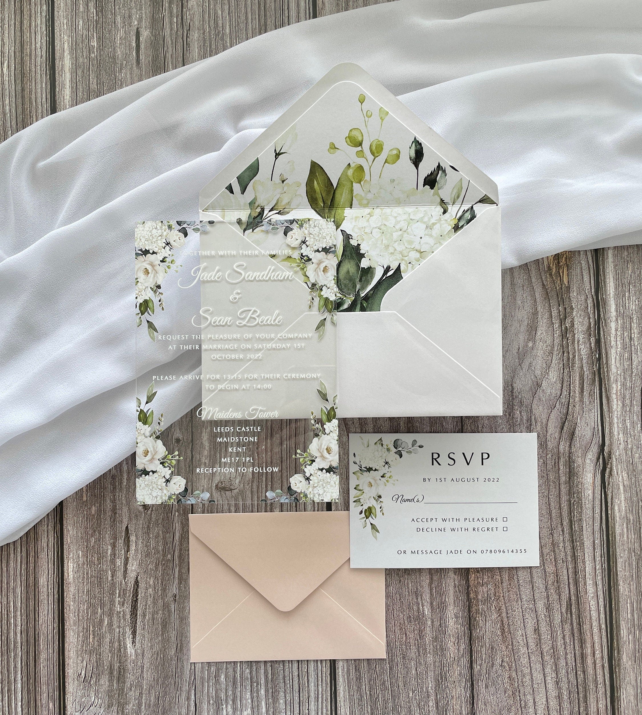 Clear Acrylic White Roses & Foliage Wedding Invite