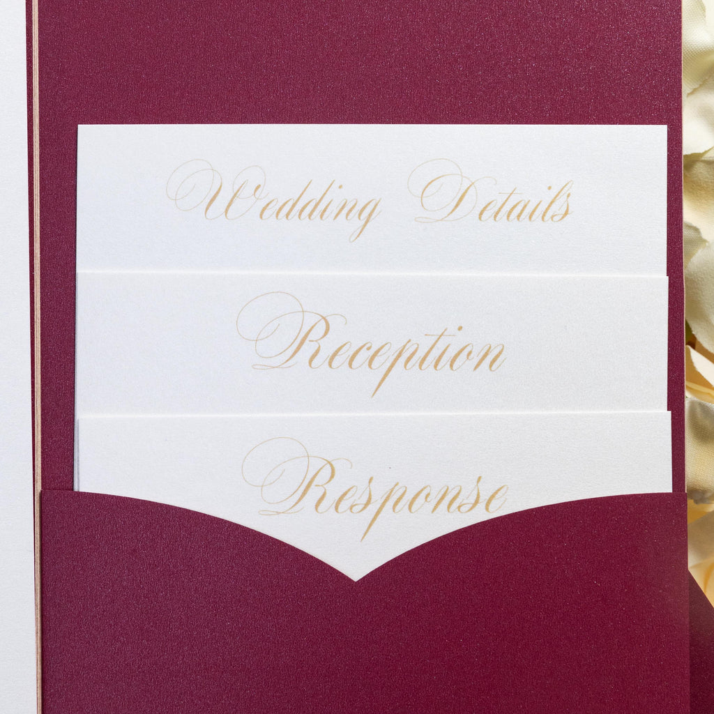 Burgundy and Gold Foiled Wedding Invitation Pocketfold with Inserts Vellum Bellyband and Wax Seal
