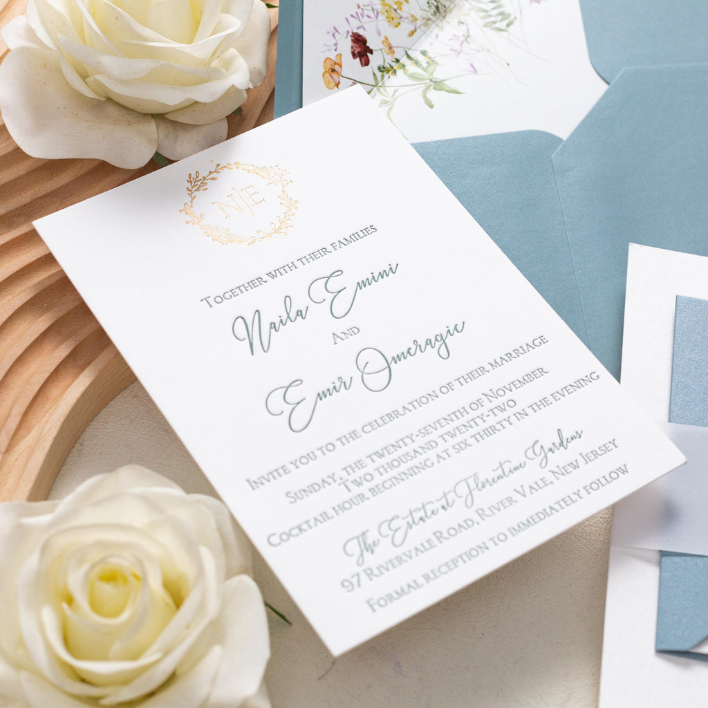 Luxury Letterpress wedding invite with foiled emblem, vellum bellyband and blue envelope | Wedding Invitation