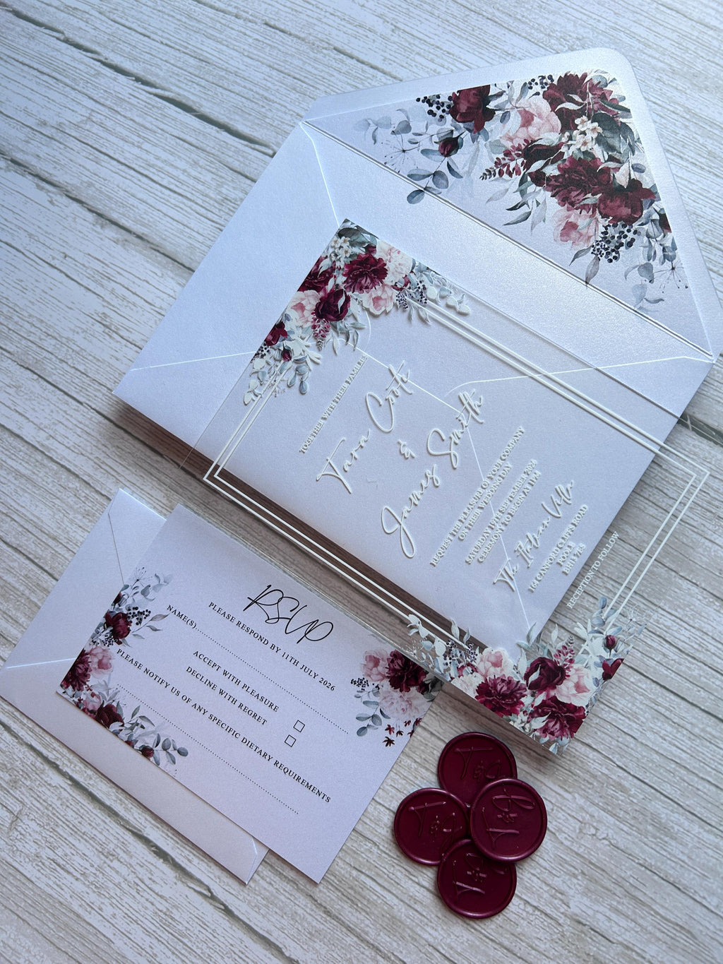 Acrylic Wedding Invitation with Wax Seal, Clear Floral Wedding Invite, Luxury Modern Wedding Stationery