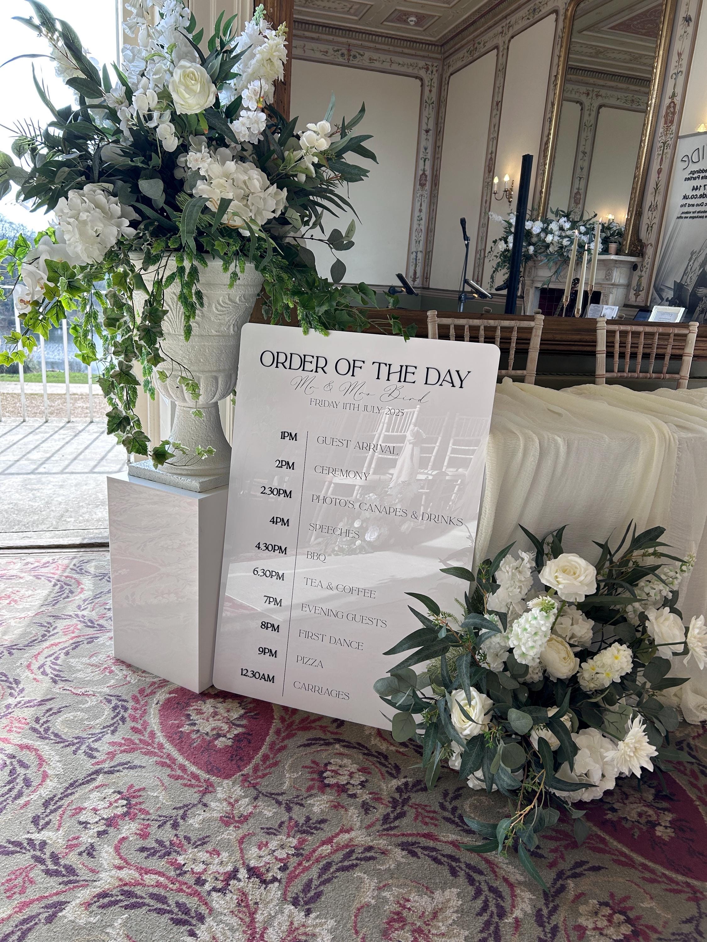 Monochrome Modern Black and White Wedding Order of the Day Signage with 3D Lettering