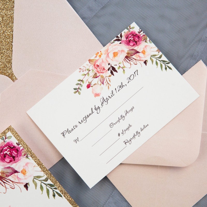 Rose Gold Glitter Floral Laser Cut Wedding Invitation Suite