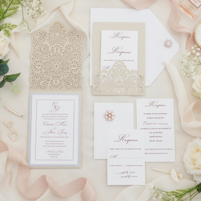 Champagne Gold Pocket Lasercut Wedding Invite / Wedding Invitation