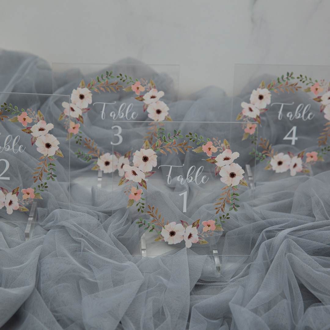 Peach Floral Acrylic Wedding Table Number Sign