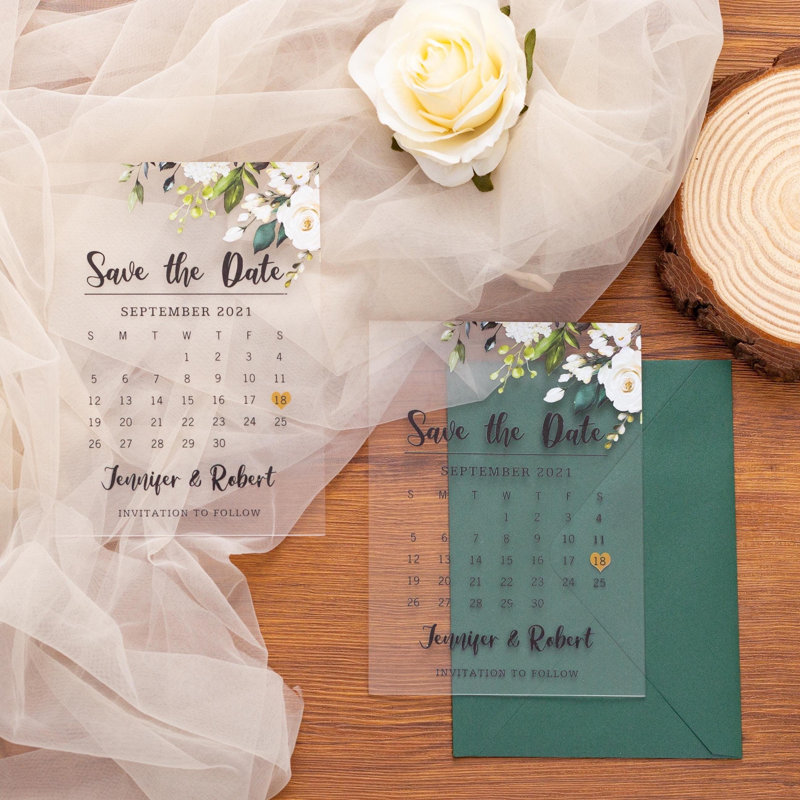 Clear Acrylic Wedding Save The Date: White Florals, Green Envelope