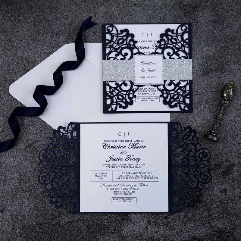 Navy Lasercut Gatefold Wedding Invitation with Silver Glitter Belly Band