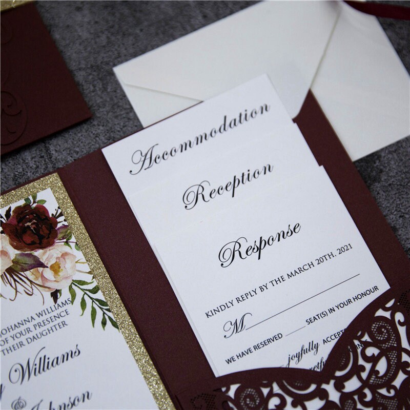 Burgundy Floral Lasercut Pocketfold Wedding Invitation with Gold Glitter Belly Band