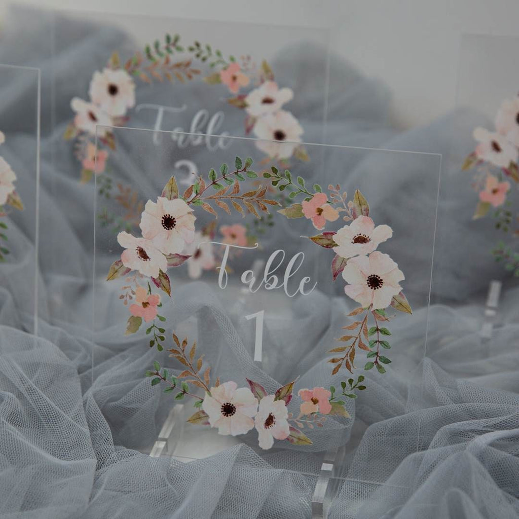 Peach Floral Acrylic Wedding Table Number Sign