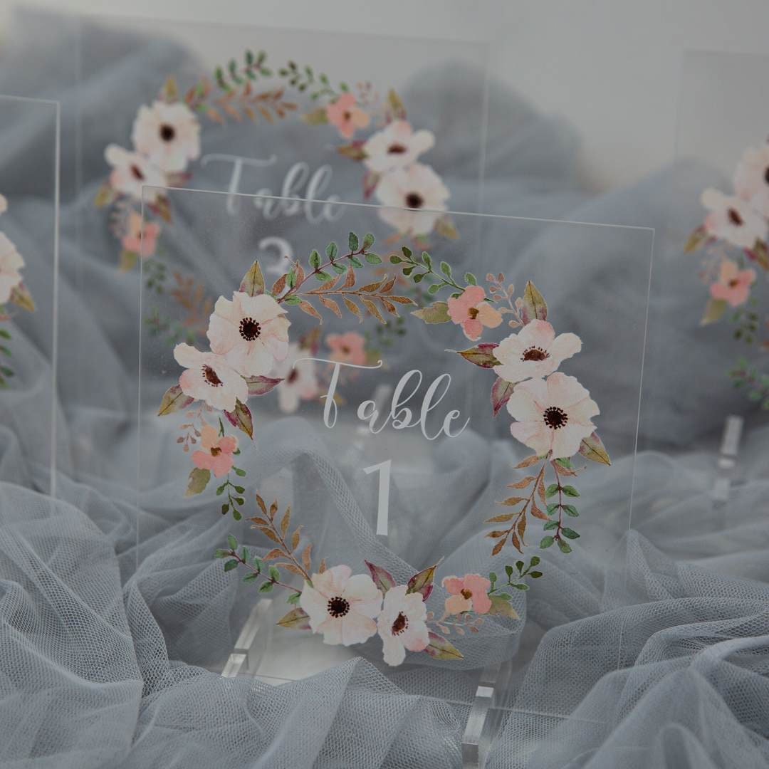 Peach Floral Acrylic Wedding Table Number Sign