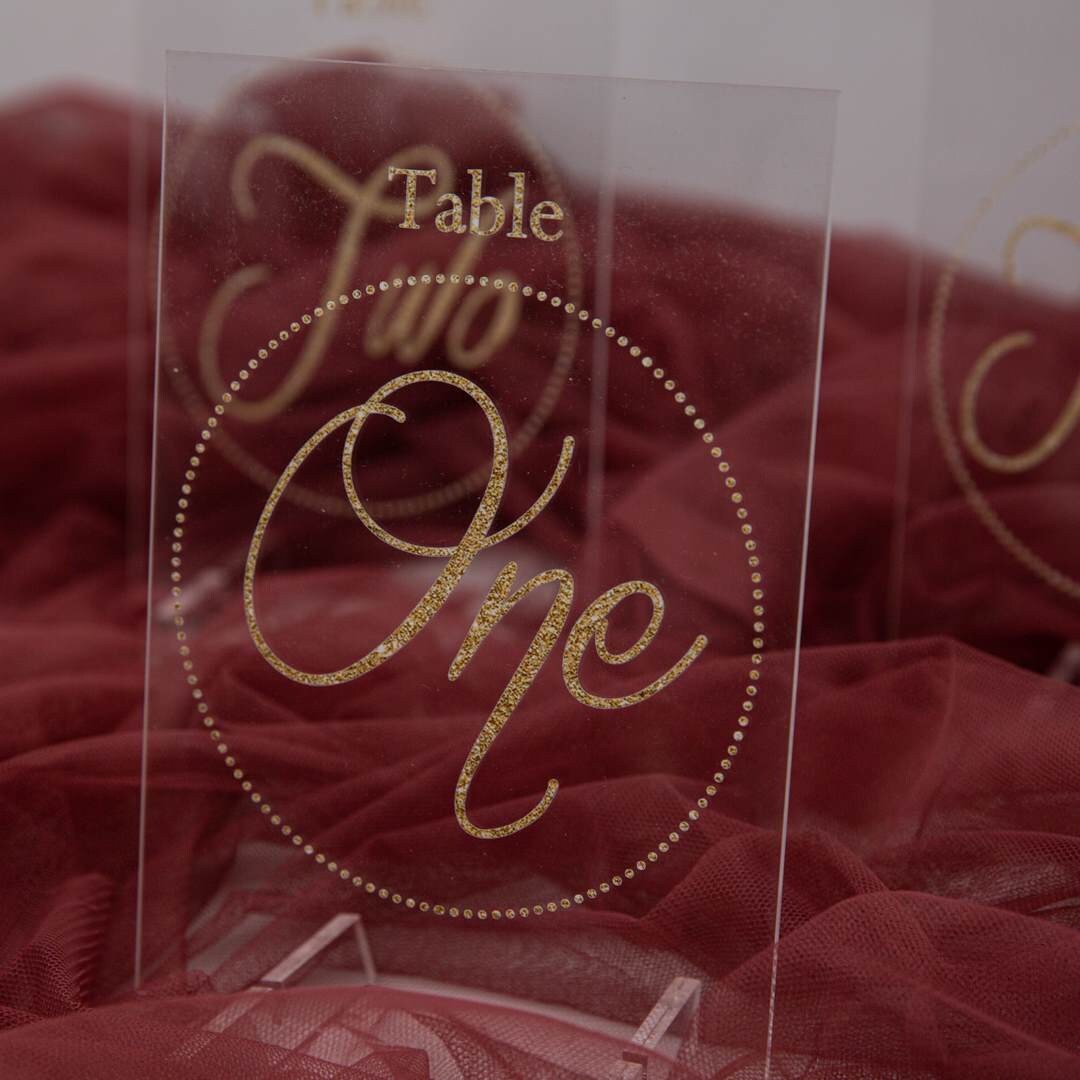 Gold Acrylic Wedding Table Numbers or Names, Clear Sign