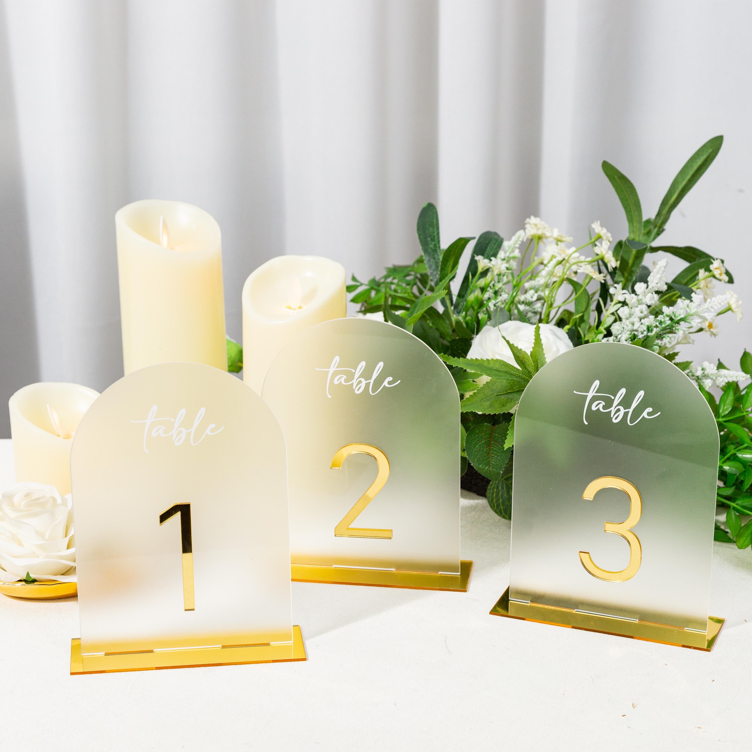 Arch Wedding Table Numbers and Names in Gold Mirror Acrylic and White 3D Letters